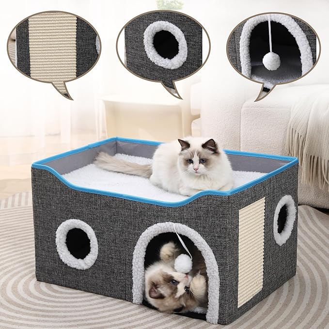 Large Cat Hideaway,Foldable Cat Scratcher House,Big Cat Bed for Idoor, Cute Cave with Ball Toy,Fabric Pet Furniture,Big Condo for Multi Small Pet Large Kitten Kitty (Grey,Rectangle)