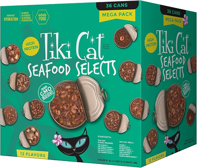 Tiki Cat Wet Cat Food Mega Pack, Seafood Selects Variety Pack, 2.8/3 oz. Cans (36 Count)