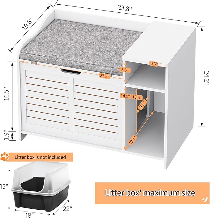 TROPOW Cat Litter Box Enclosure Furniture with Top Opening and Cushion, Hidden Litter Box Cabinet with Storage, Privacy Cat Box Enclosure, White