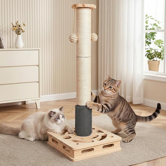 20.5 Inch Cat Scratching Post, 4-in-1 Interactive Maze Base with Cat Self Groomer, Natural Pine Wood & Premium Sisal Scratching Pole, Anti-Slip Detachable Design for Indoor Cats