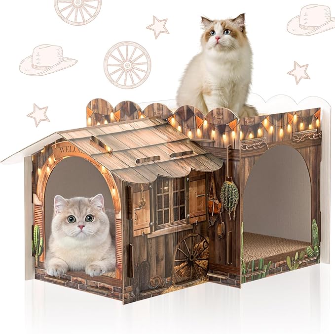 Lineshading 2 Story Cardboard Cat House with Scratcher Pad, Multi Level Durable Cat Scratcher House for Small Kitten Bunny Rabbit Animals Christmas Birthday Gift(17x12x10,Western)