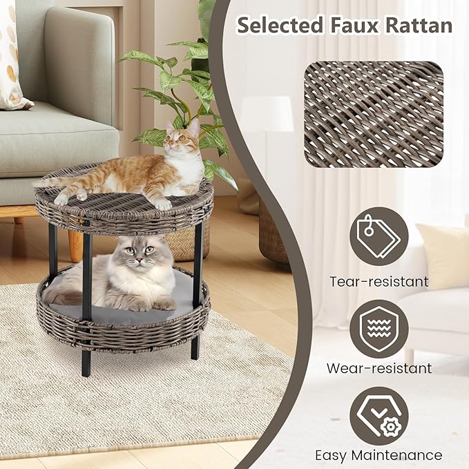 PETSITE Modern Wicker Cat Nest, 2-Tier Rattan Cat House w/Removable Padded Cushion, Round Platforms, Metal Frame, Indoor & Outdoor Raised Pet Shelter for Living Room, Bedroom, Porch