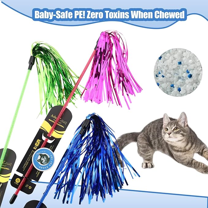 ADUCK 5 Pack Cat Wand Toy for Indoor Cats, 22-Inch Interactive Tassel Teaser Kitten Toy for Exercise and Play, Durable PE Wand Chaser Without Loose Parts (Gold, Pink, Blue, Silver, Green)