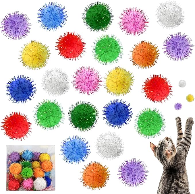 80 Pcs Sparkle Pom Pom Balls 1.5 Inch Cat Toy Chase Ball Interactive Glitter Tinsel Ball for Kitten Cat Favorite Gift Assorted Color