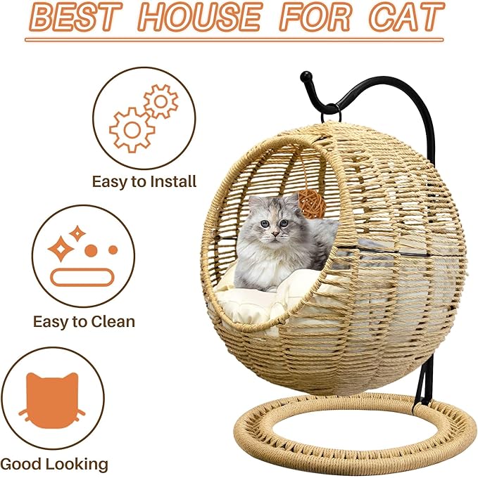 BROWN-BROWN Handmade Wicker Hanging Cat Bed – Swinging Egg Chair with Removable Cushion & Hanging Ball, Cozy Cat Hammock for Bedroom & Living Room