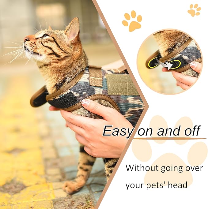 Tactical Cat Harness and Leash for Walking Escape Proof Breathable Mesh Fabric, Green Jungle Camo, Large, Adjustable Cat Walking Jackets, Padded Stylish Cat Vest