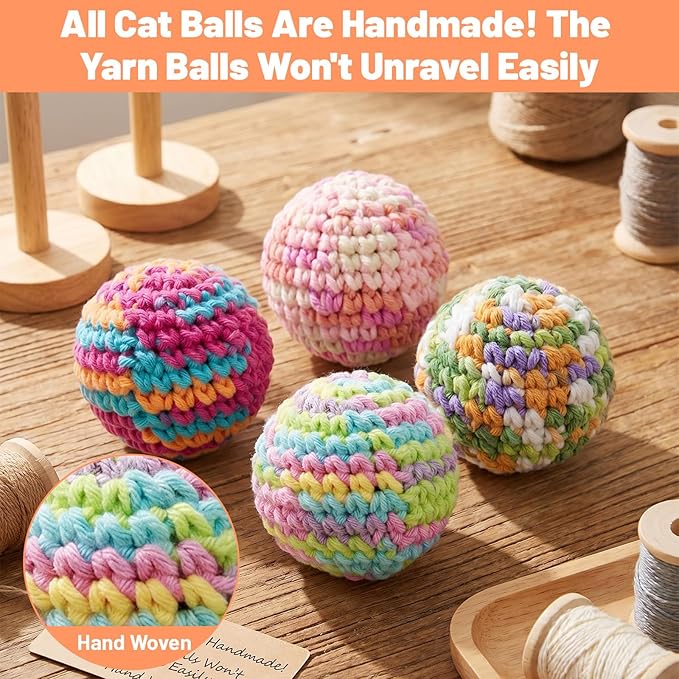CIATBYYJ 4Pcs 1.57" Yarn Cat Toy Balls, Hand-Crocheted Yarn Cat Ball with Bell Inside, Kittens Chew Toys for Indoor Cats Kitty, Interactive Cats Nip Chew Toys for All Pet Breed