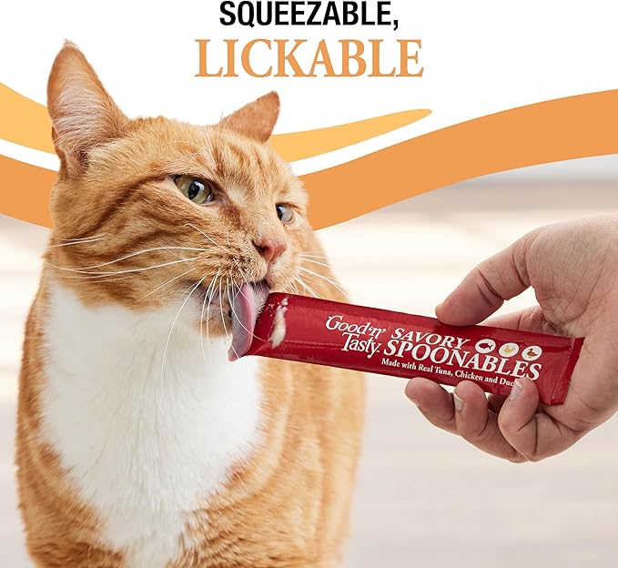 Good 'N' Tasty Savory Spoonables with Real Tuna, Chicken & Duck, 6 Count Tube, Triple Flavor Squeezable Lickable Wet Treats for Cats with Built-in Spoon for Less Mess
