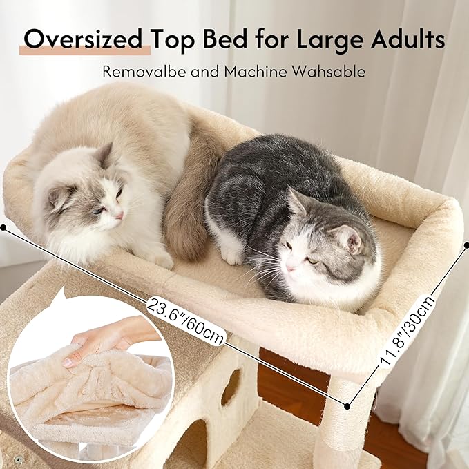 XXL Large Cat Tree Tower 70in Tall Heavy Duty Cat Tree for Maine Coon and Big Cats 20 lbs+,Enlarge Top Bed and Hammock, 2 Oversized Condo House with Scratching Posts-Beige