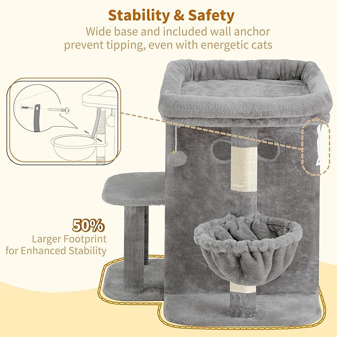Heybly Cat Tree, 26.3-inch Cat Tower with Spacious Top Perch for Large Cats, Stair-Style Cat House Furniture with Dual-Layer Condos, Sisal Scratching Posts, Cozy Basket & Pompom, Light Gray HCT204SW