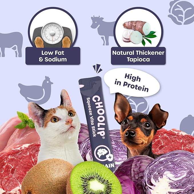 Choolip Squeeze Vita Stick Brain Support Lickable Cat and Dog Treats, 49-Count – Beef and Chicken Soft Puree with DHA, CoQ10 & Vitamin E for All Life Stages