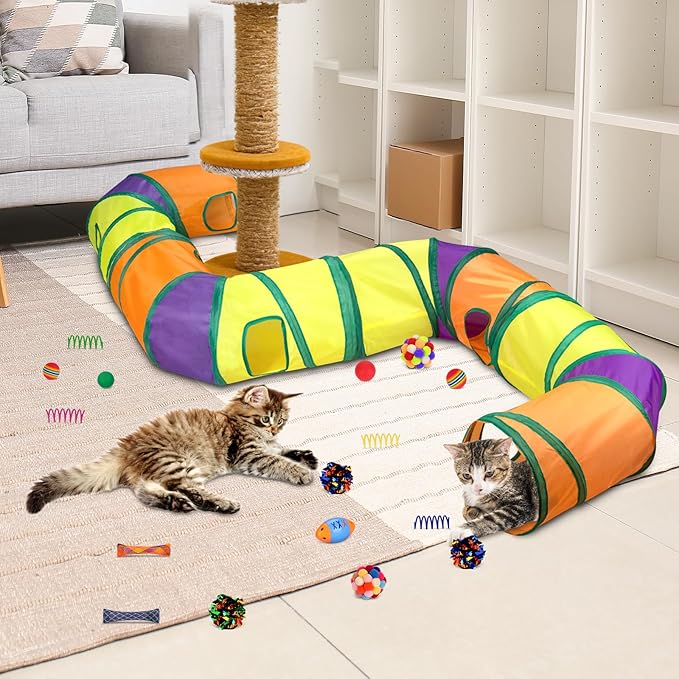 Retro Shaw Cat Toys Pack 25Pcs, Interactive Kitten Toys for Indoor Kittens Cats, Collapsible Kitty Play Tunnel Tent Feather Wand Balls Bell Springs Mouse Kitty Toys for All Breeds (4 Tunnel)