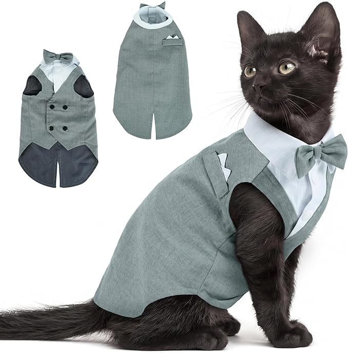PUMYPOREITY Cat Tuxedo Suit Formal Wear with Bow Tie, Soft Skin-Friendly Cat Costumes for Cats Only, Elegant Outfit for Male Female Cats, Perfect for Wedding Birthday Photo Shoots, XL, Grey