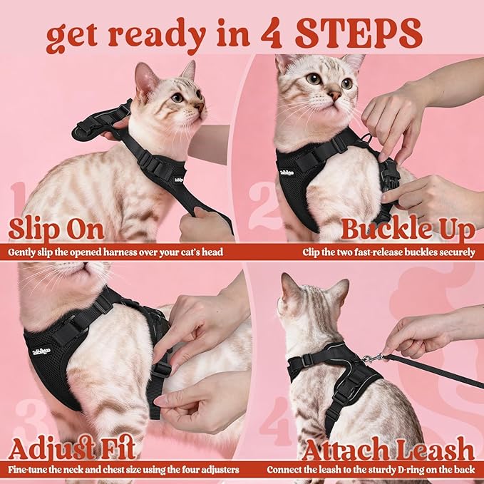 rabbitgoo Cat Harness and Leash for Walking, Escape Proof Soft Adjustable Vest Harnesses for Cats, Easy Control Breathable Reflective Strips Jacket, Black, M