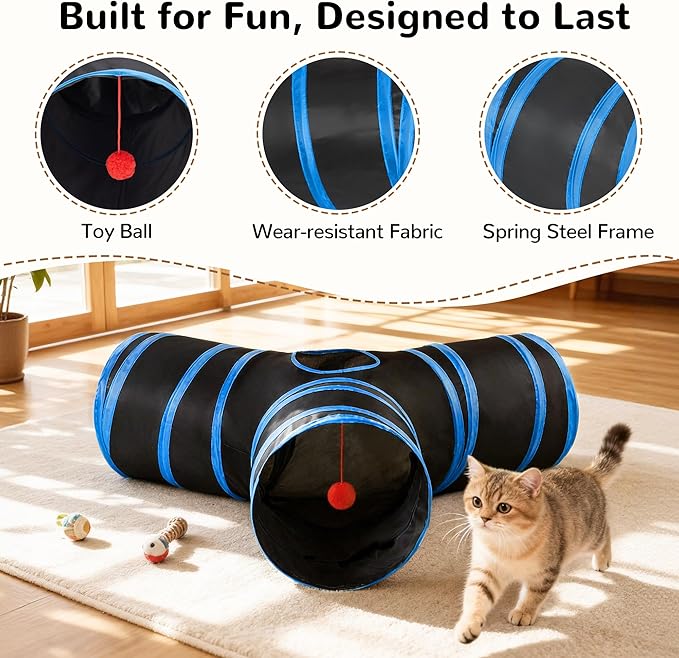 Tempcore Cat Tunnel for Indoor Cats, 3-Way Collapsible Play Tunnel with Teaser Wand, Peek Holes & Toy Ball, Small Pet Toy for Kittens & Rabbits, Black & Royal Blue