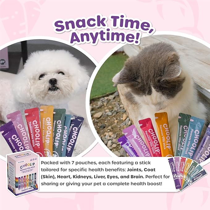 Choolip Squeeze Vita Stick Lickable Cat and Dog Treats – 49-Count Variety Pack with Multivitamins, Soft Squeezable Paste for All Life Stages, Supporting Overall Health - Box with 7 Pouches