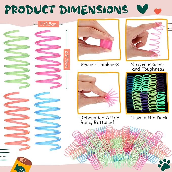 Sosation 24 Pcs Glow in The Dark Springs Cat Toys Kittens Wide Colorful Springs for Indoor Cats Jelly Color Plastic Coil Spiral Interactive Play Kitten Toys for Chase, Hunting and Exercise