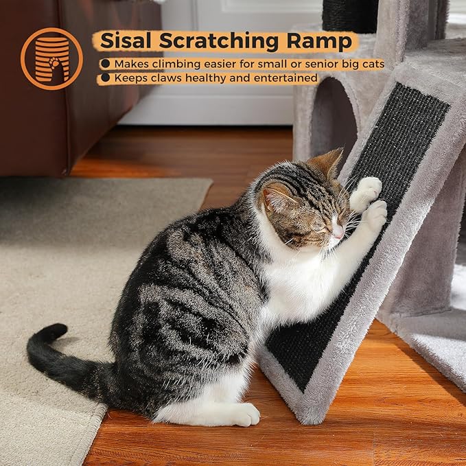 MUTTROS Heavy Duty Cat Tree for Indoor Cats Adult, 45-Inch Cat Tower with Sisal Scratching Ramp, 2 Cat Condo for Extra Large Cats, Big Top Perch, 3 Thick Black Scratching Posts (φ4.3) -Gray