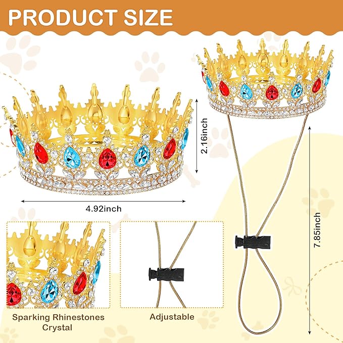 Abbylike Pet Princess Crown for Dog Cat Pink Halloween Costume with Adjustable Strap Gold Glitter Rhinestone King Crown Hat for Pet Birthday Party Adoption Celebration Photos Prop Cosplay Accessory(L)