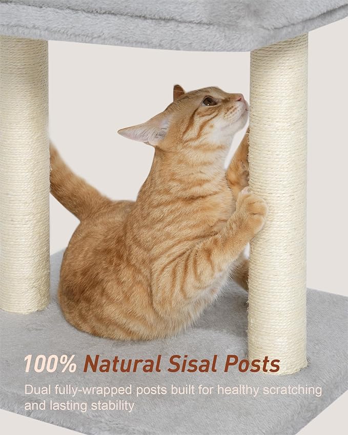 Cat Tree with Scratching Post, 19"×15.8" Large Top Perch Bed, Small Cat Tower for Indoor Cats, Dual Natural Sisal Posts, Space-Saving Cat Furniture (Light Gray)