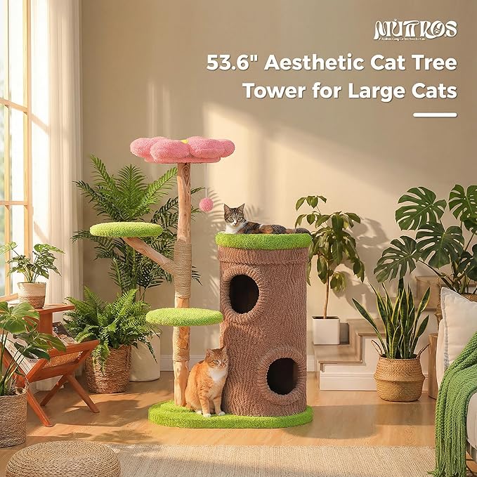 MUTTROS Wood Cat Tree with Flower Perch, 53.5" Modern Cat Tower w/Natural Solid Wood Scratching Post (φ3.8in), Large Heavy Duty Forest Cat Tree Furniture w/2 Condos for Indoor & Multi-Cat Household