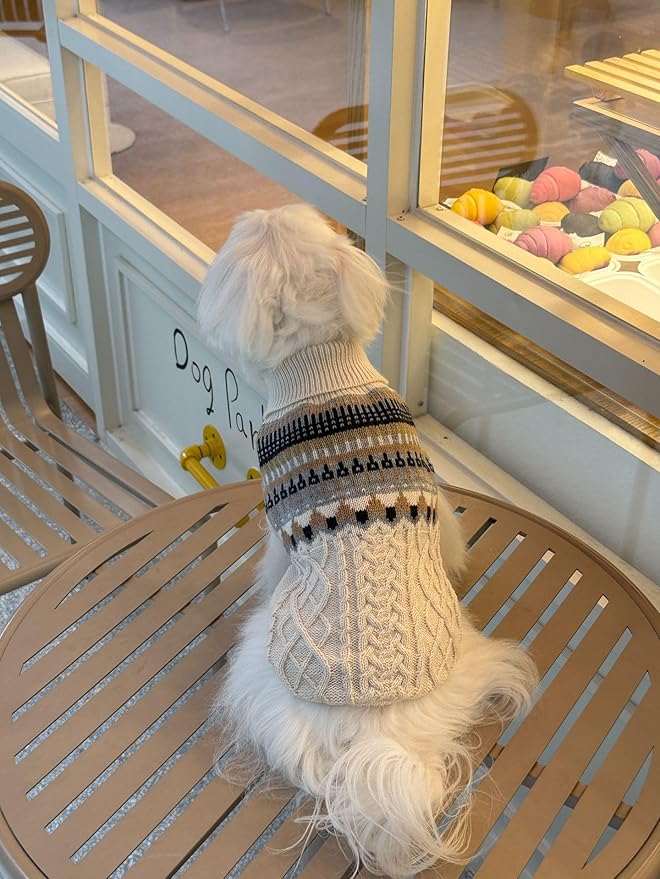 Knit Dog Sweater Turtleneck Cat Cold Weather Pullover Pet Vintage Cable Thick Warm Winter Clothes for X Small Dogs Cats Medium Pug Dachshund Yorkie (Beige, X-Large)