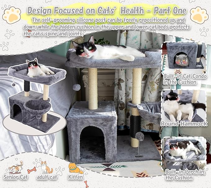 28.4" Small Cat Tree Tower,Cat Scratching Post for Indoor Cats,Featuring with Cat Cave & Cozy Perch,Cat Self Groomer and Interactive Dangling Ball Great for Kittens/Cats (Smoky Gray, Large)
