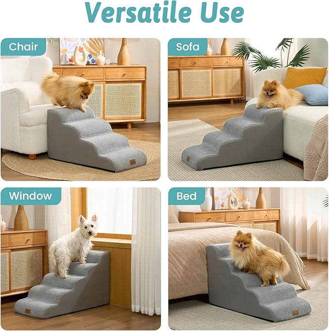 COZY KISS Dog Stairs for Small Dogs 15.7" H, 4-Step Sturdy Foam Dog Steps for Couch and Bed, Curved Pet Stairs for Puppy and Older Cat, Doggie Ladder with Washable Cover, 15.7x28.3x15.7 inch, Gray