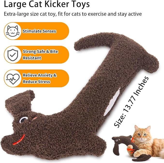 ETEKYER Refillable Catnip Toys, 13.77 Inches Cat Toys for Indoor Cats with Crinkle, Safe Teeth Cleaning Cat Kicker Toys, Interactive Plush Kitten Nip Chew Toys and All Breeds (Brown)