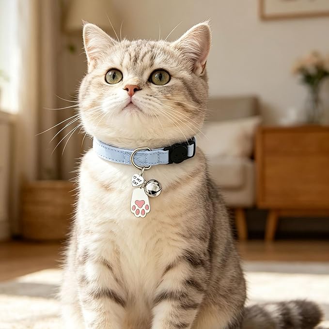 2 Pack Cotton Breakaway Cat Collars with Bell and Charms Blue Solid Plaid Safety Collars for Girl Boy Cats, Cat Head and Paw Pendant Cute Kitten Collars