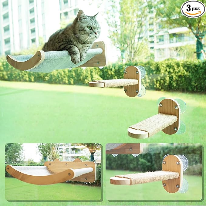 Cat Window Perch, Cozy Cat Window Hammock for Indoor Cats with 2 Pack of Sisal Window Shelf - for Sunbathing, Napping & Overlooking