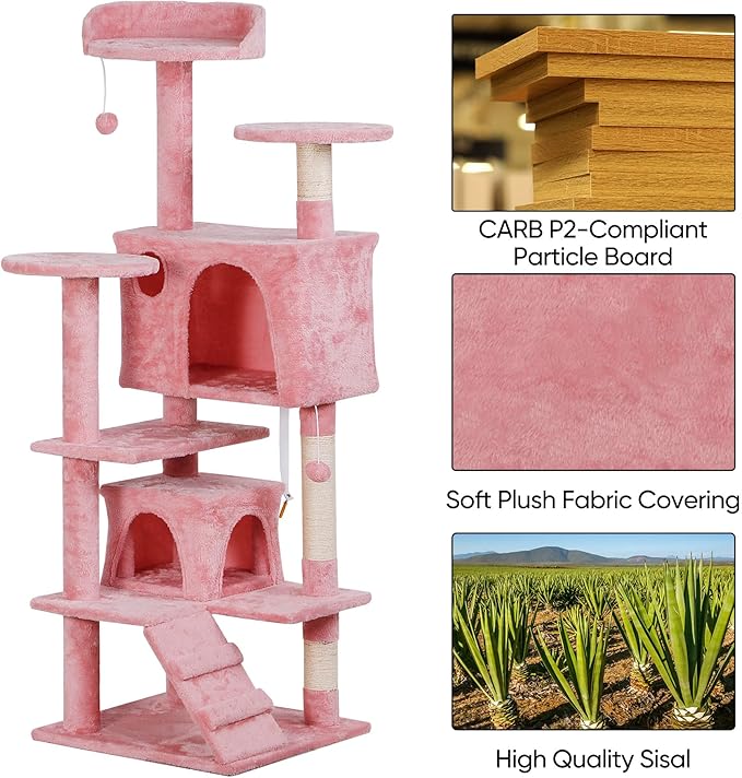 52” Multi-Level Cat Tree Condo Furniture Kitten Activity Play House Bed Pet Kitty Climbing Tower with Scratching Posts/Plush Perch/Scratcher Ladder/Tunnel for Cats,Kittens,Pets (Pink)