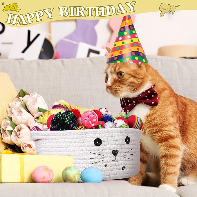 Zopeal 58 Pcs Summer Graduation Cat Storage Basket Gift Toys Set, Colorful Flashing Balls Pet Bell Crinkle Balls Spring Toys Attract Cat to Swat, Hunt, Interactive for Pet(White,9.8 Inch)