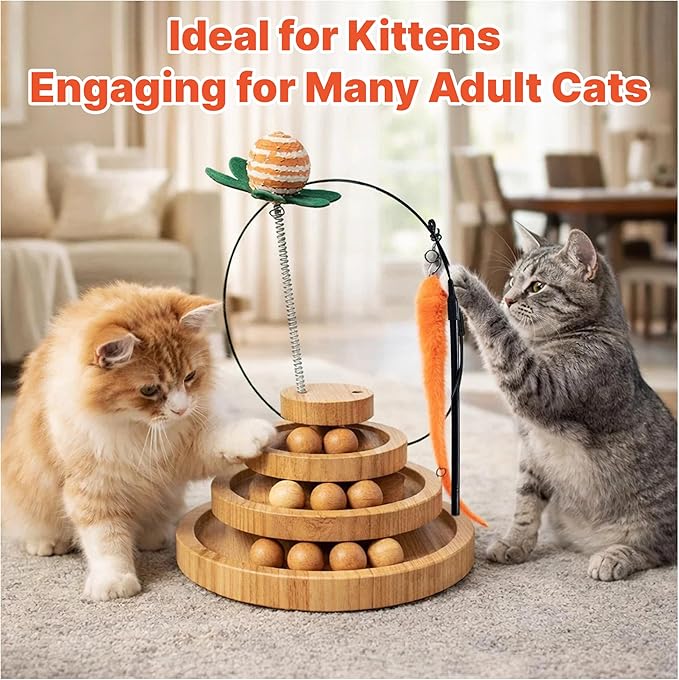 Cat Toy Ball Track with 2 Teasers, 3-Level Cat Ball Tower, 4-in-1 Kitty Toys, 9 Wooden Balls, Worm Wand, Spring Teaser Ball, 2 Glow Balls, Kitten Toy Interactive, Mental Physical Exercise, Medium Size