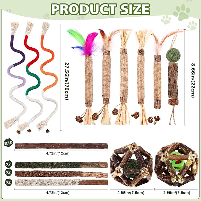 WOUSEDO 27 Pack Catnip Chew Toys for Cats,Cotton Sisal Rope Toys,Cat Natural Silvervine Sticks,for Cat Teeth Cleaning and Dental Care,Interactive Toy for Bored Indoor Cats