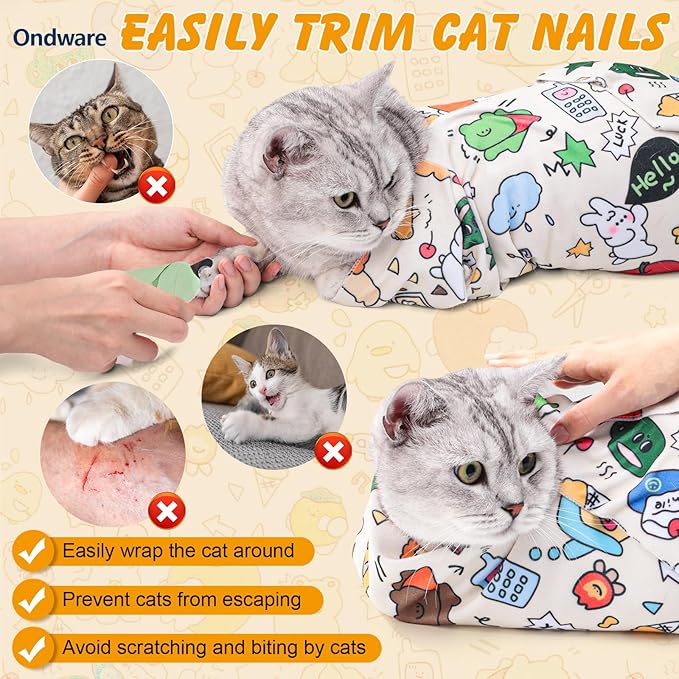 ondware 27.6In Self-Adhesive Cat Grooming Wrap, Anti-Escape Cat Restraint for Nail Clipping, Cat Swaddle Wrapping Cloth for Pet Cleaning & Beauty, for Cats up to 15lbs, Cat Gifts