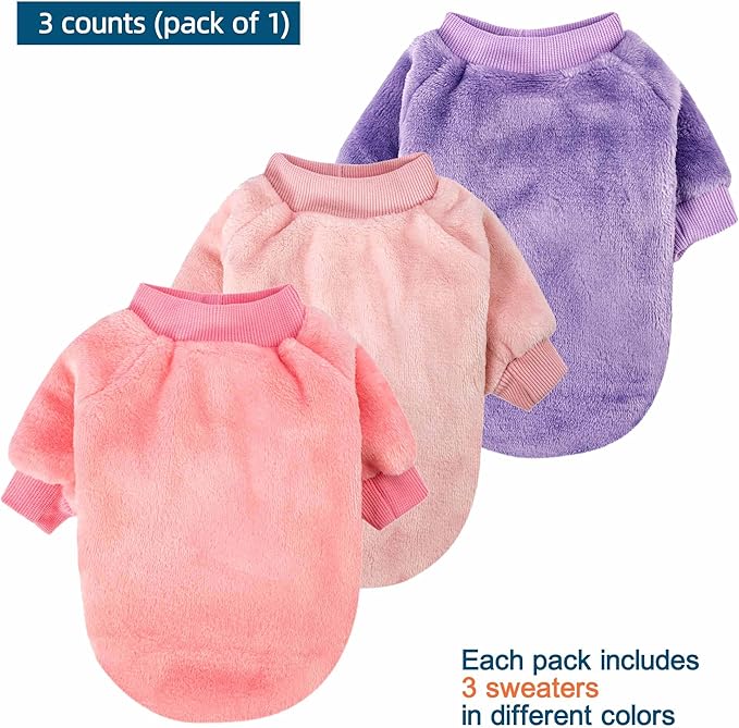 Dog Sweater | 3-Pack Clothes Jackets XXS - XXL for Small Dog Breed (Male & Girl), Super Soft Winter Coats Sweaters for Dogs and Cats, Pet Apparel Outfits (Purple,Pink,Rose, Small)