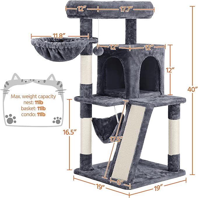 Topeakmart 40In Cat Condo for Medium Cats, Cat House with Sisal-Covered Scratching Posts & Soft Platform, Dark Gray