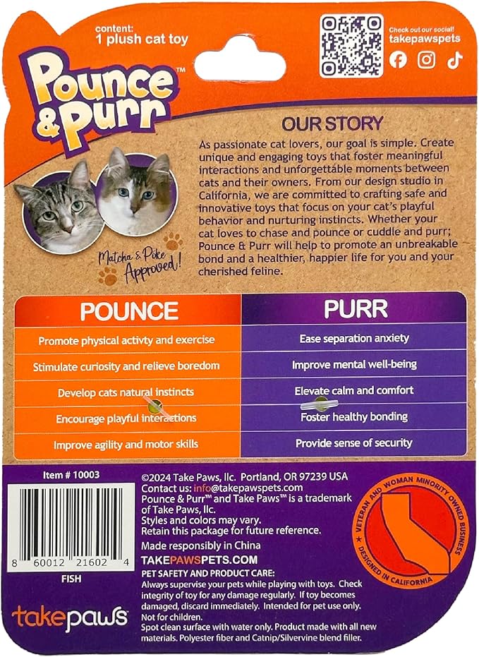 Pounce & Purr® Plush Cat Toys, Catnip & Silvervine Infused, Shiny Iridescent Accents, Interactive Play Toys for Cats & Kittens (Fish)