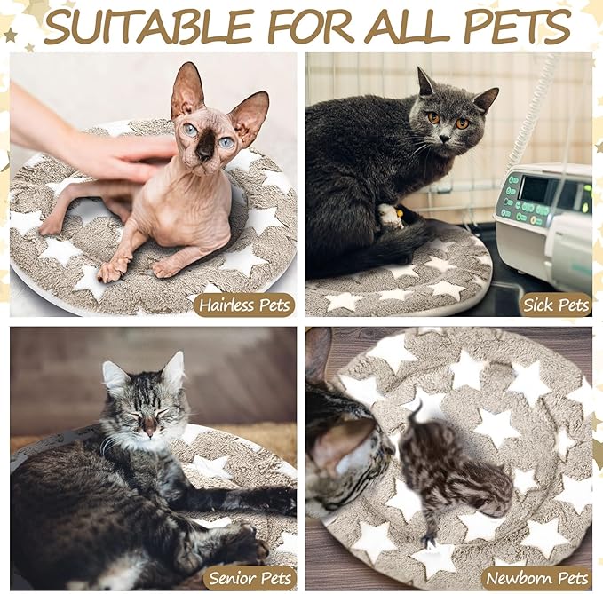 VitalCozy 2 Pack Self Heating Cat Pad Self Heating Cat Bed Machine Washable Heat Pet Mat Reversible Body Thermal Warm Round Dog Bed Crate Blanket for Feral and Indoor Cats(16'',Apricot Large Star)