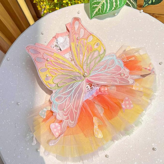 BAMY Butterfly Wings Dog Dress Summer Pet Wedding Skirt Lace Princess Tutu Cute Party Cat Outfit for Small Medium Dogs (Colorful, S (Chest 15.7inch/ 40cm))