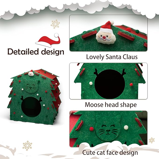 KAQJW Christmas Detachable Felt Cat Bed Condo Shelter House for Indoor Use - Easy to Assemble, Durable and Warm Funnest - Cozy Shelter with Bonus Cat Toys (Xmas-Large House)