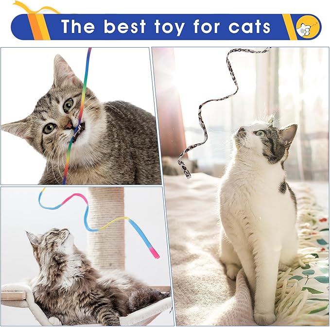 Cobee 6 Pack Cat Wand Toy Set, 30cm Cat Interactive Wand with Rainbow Ribbon String + Leopard Print Cloth String for Kitten Training & Exerciser
