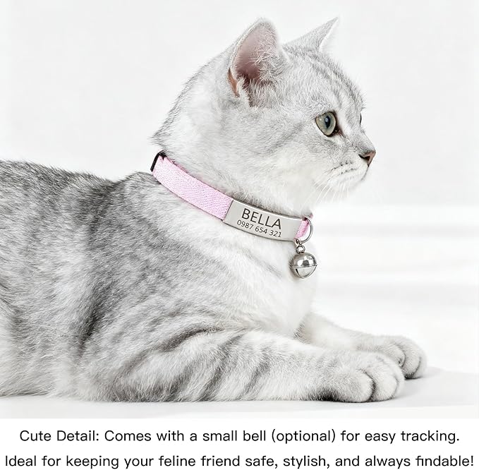 Quick-Release Lightweight Elastic Cat Collar - Custom Engraved ID Tag Safety Collar for Indoor/Outdoor Cats, Personalized Name Plate to Prevent Loss