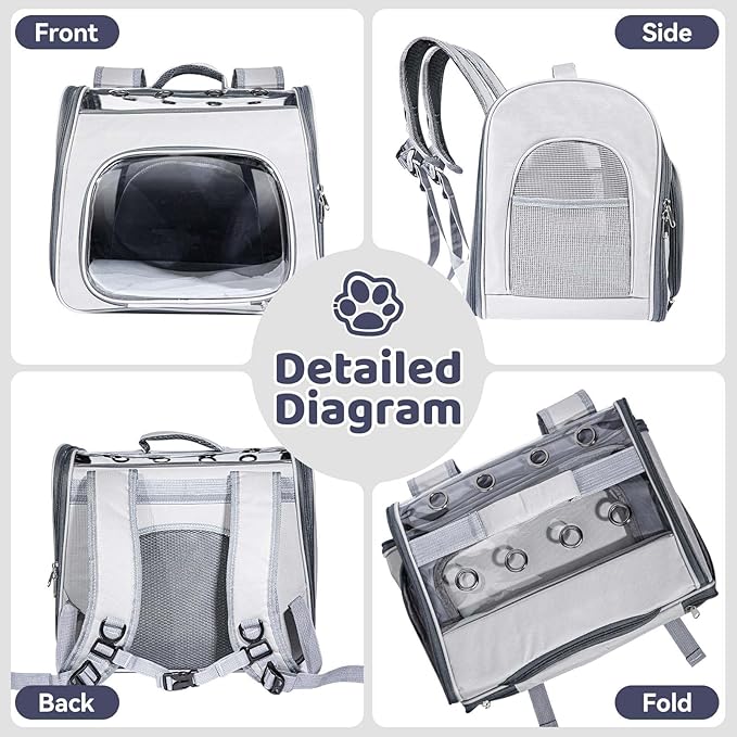 Innovative Traveler Backpack Pet Carriers Cat Backpack with Breathable Mesh Puppy Travel Carrier with Soft Padded Reinforced Support Foldable Small Dog Carrying Backpack for Kitty up to 15lbs (Grey)