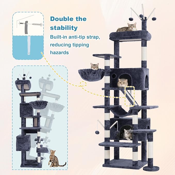 Hey-brother Cat Tree Tower, Sturdy Multi-Level Scratching Posts with Extra Supporting Part, 5 Teaser Toys, 2 Condos, Large Bed, Hammock, Scratch Baord for Indoor Cats, 82.7 Inches, Smoky Gray MPJ082G