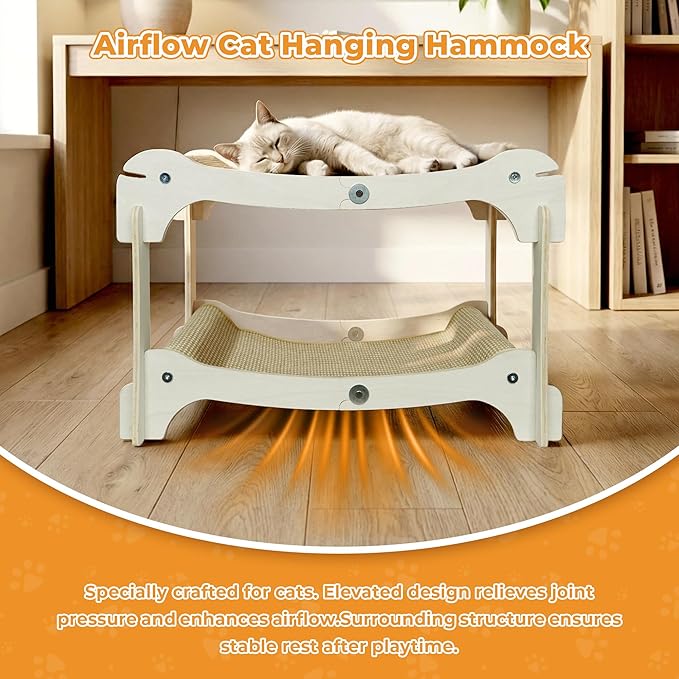 Two-Layer Sisal Cat Scratcher Bed - Large Scratching Board with Lounger Cat Scratch Pad, Sturdy Wooden Scratching Post for Indoor Kittens&Adult Cats, Easy Assemble Elevated Cats Bed Furniture