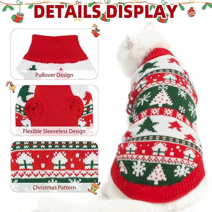 PUPTECK Christmas Cat Sweater, Soft Warm Turtleneck Pet Winter Clothes, Kitten Sweater Apparel, Knitwear Coat for Cats Puppy Outfit Cold Weather Clothes, Red&Green S