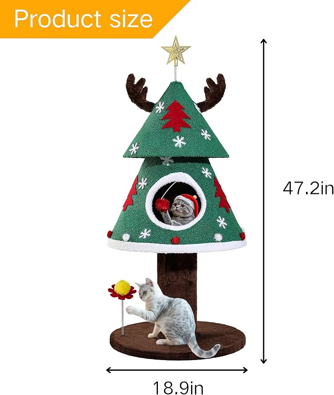 DWVO Christmas Cat Houses for Indoor Cats, Christmas Cat Tree Tower with 2 Cozy Houses, Kitty Furniture with Teaser Plaything for Christmas Decoration