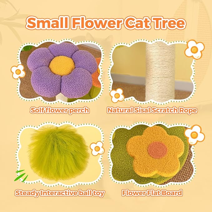 Flower Cat Trees, Flowers Scratching Post Kitten Tree 18" High 3-PLY Cat Tower, Cozy Fluffy Cute Cat Condo for Kitten Indoor Activity